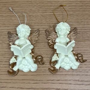 Vintage Cherubs Christmas Ornament Angels Gold Gilt Trim Holding Bible Lot 2
